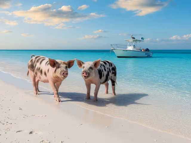 Two friendly pigs on a white-sand shoreline with a boat anchored in turquoise water