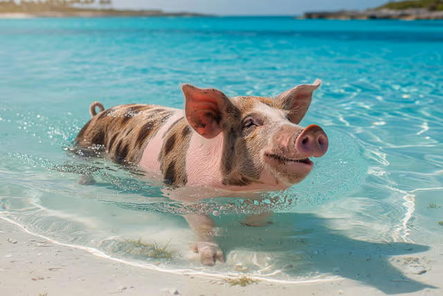 A friendly island pig swimming through crystal-clear turquoise water — meet the swimming pigs with Dex Adventures